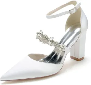 Women Vintage Wedding Bridal Rhinestone Ankle Strap High Heel Pumps Block Heel Sandal Shoes