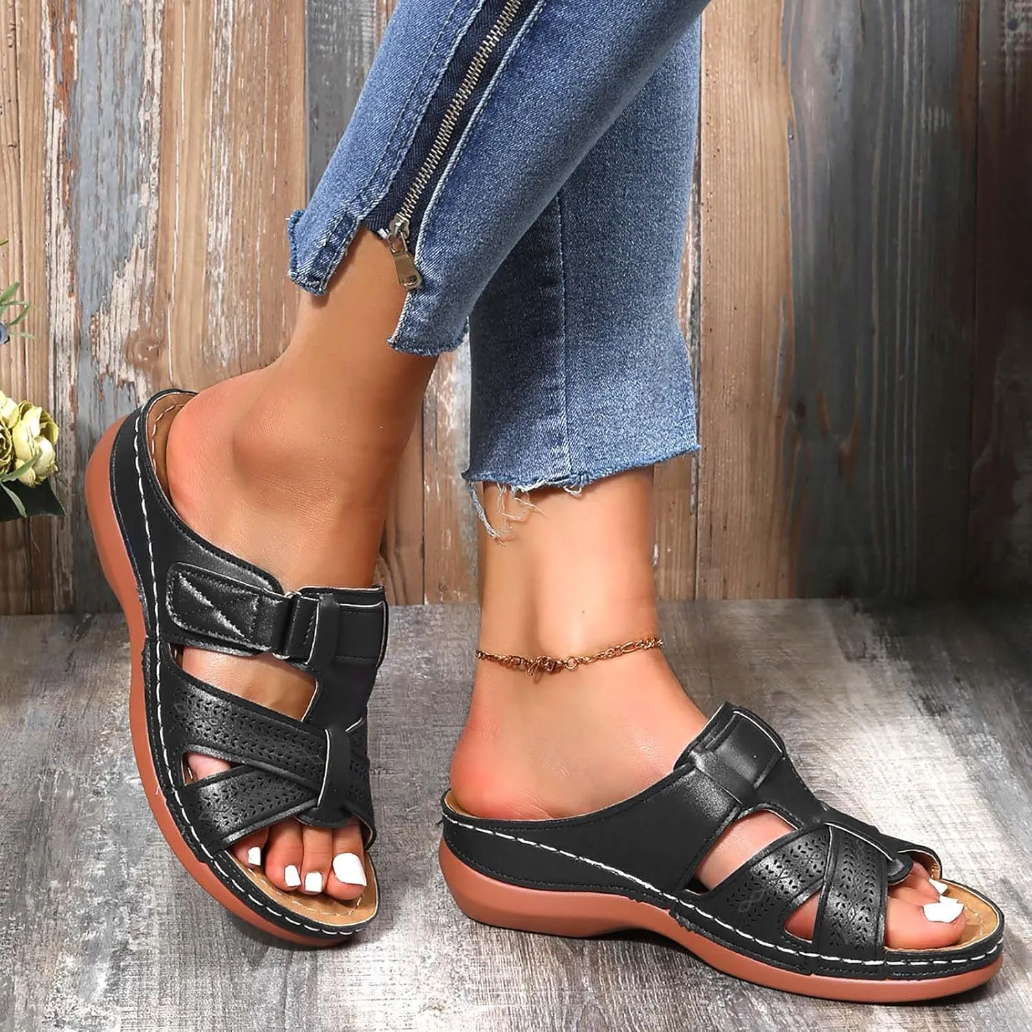 Women Wedge Arch Support Slides Summer Comfort Slip on Sandals Casual Non-Slip Slide Sandal Flat Slippers