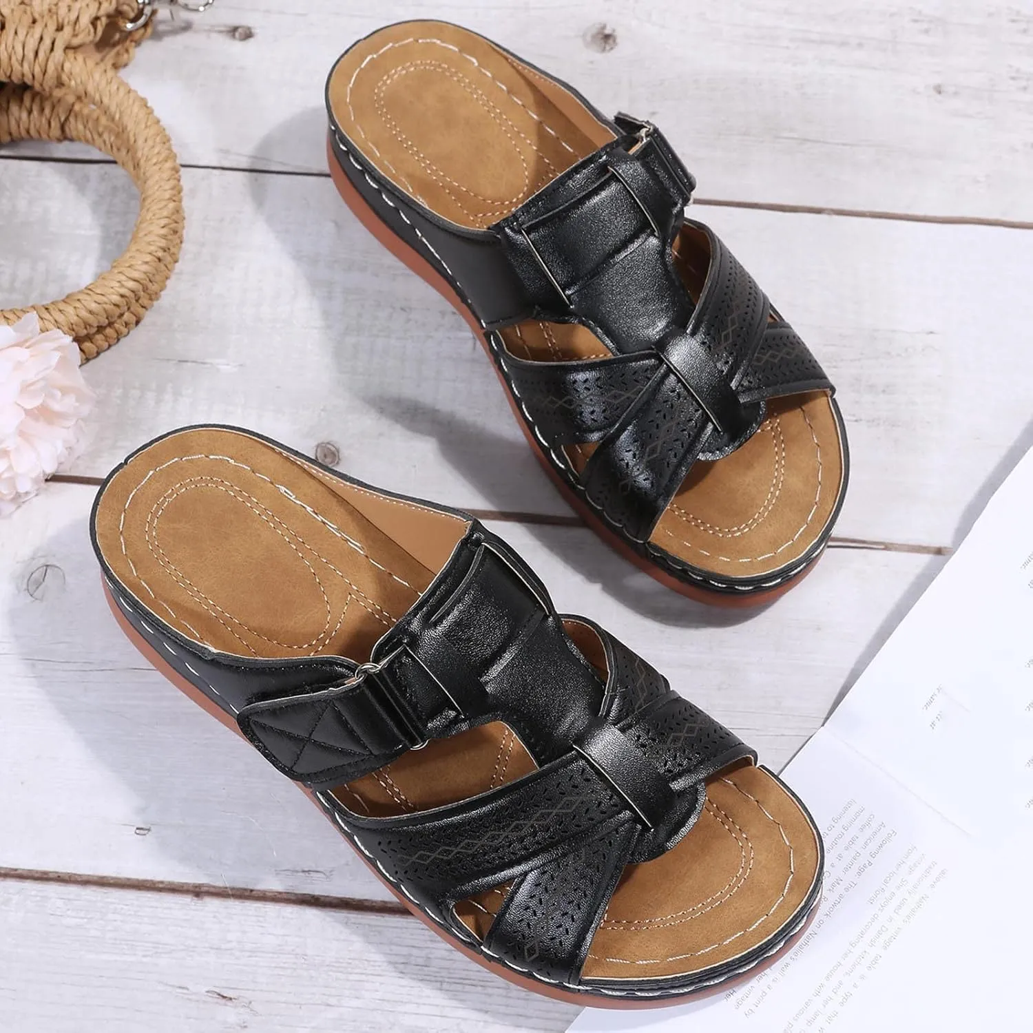 Women Wedge Arch Support Slides Summer Comfort Slip on Sandals Casual Non-Slip Slide Sandal Flat Slippers