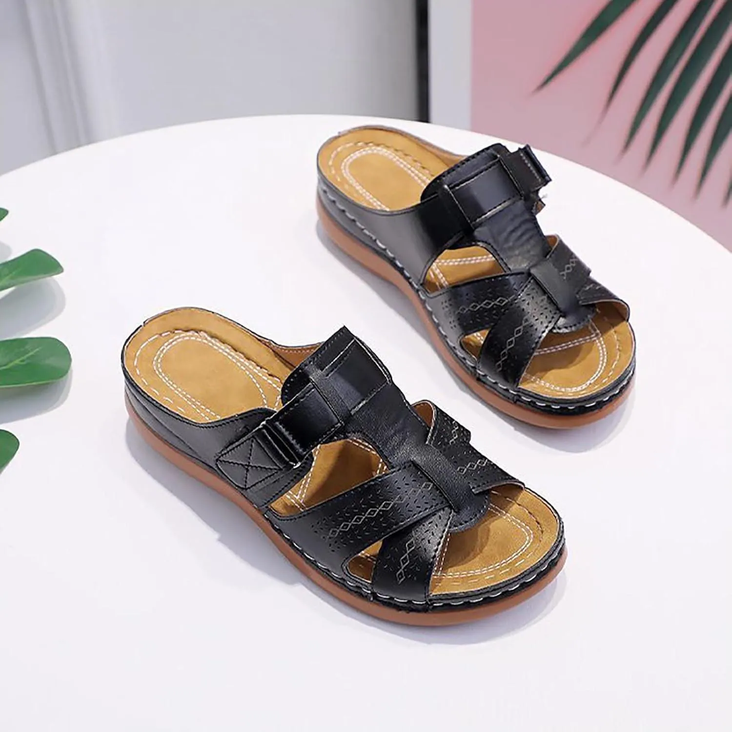 Women Wedge Arch Support Slides Summer Comfort Slip on Sandals Casual Non-Slip Slide Sandal Flat Slippers