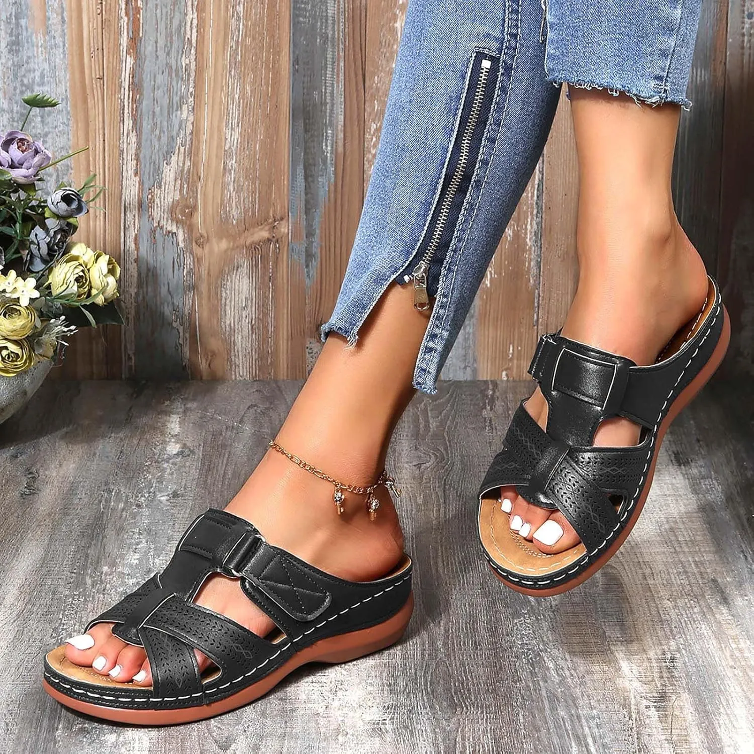 Women Wedge Arch Support Slides Summer Comfort Slip on Sandals Casual Non-Slip Slide Sandal Flat Slippers