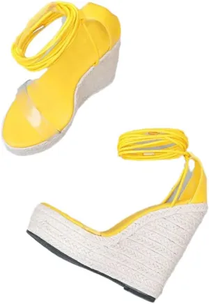 Women Woven Hemp Rope Wedge Sandals Open Toe Buckle Strap Platform High Heel Dress Shoes