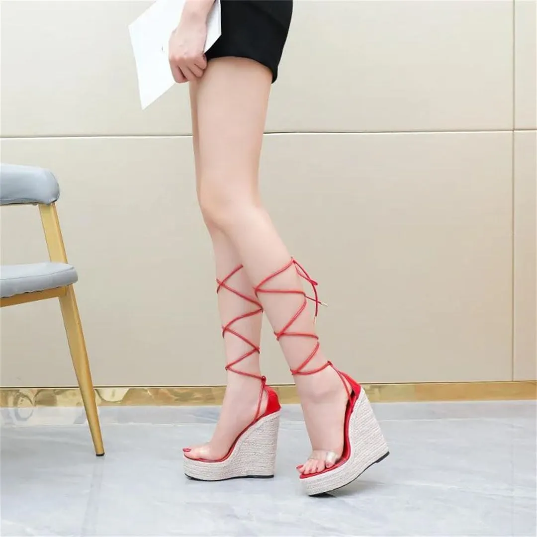 Women Woven Hemp Rope Wedge Sandals Open Toe Buckle Strap Platform High Heel Dress Shoes