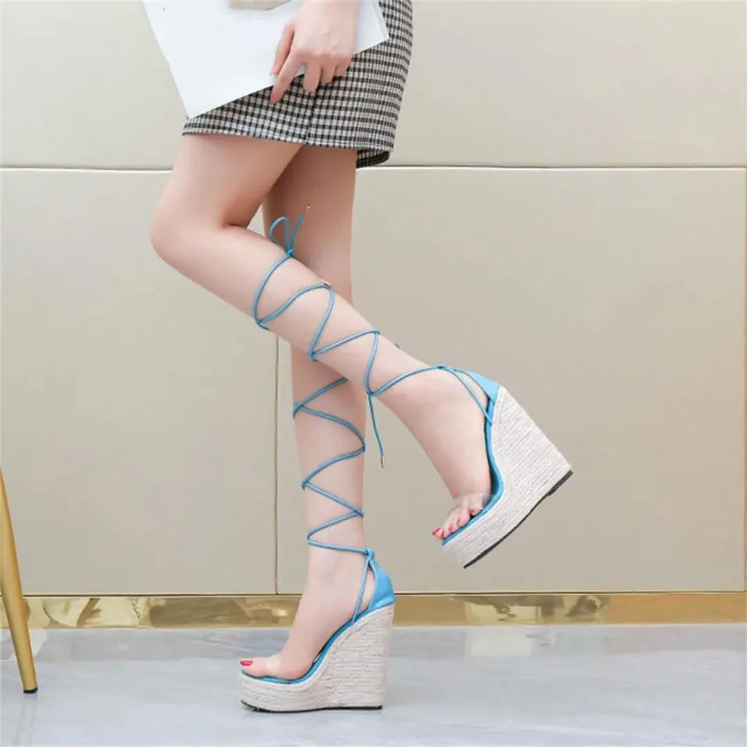 Women Woven Hemp Rope Wedge Sandals Open Toe Buckle Strap Platform High Heel Dress Shoes