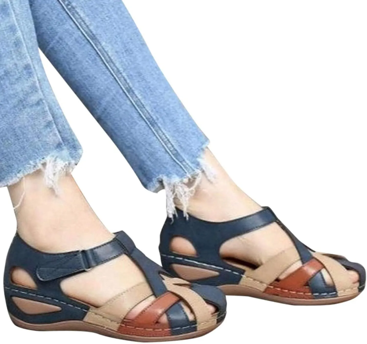 Women'S Ankle Strap Closed Toe Orthopedic Sandals Comfy Wedge Platform Beach Hook and Loop Gladiator Sandals Casual Bohemia Outdoor Hollow Sandals