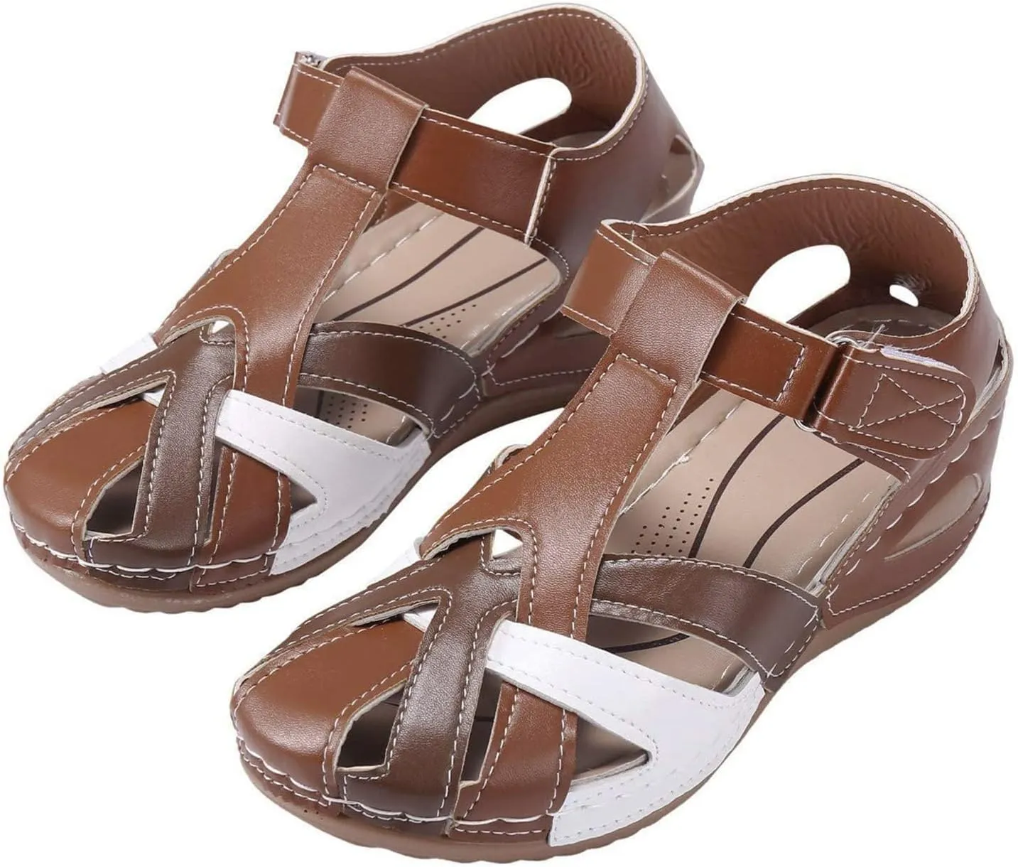 Women'S Ankle Strap Closed Toe Orthopedic Sandals Comfy Wedge Platform Beach Hook and Loop Gladiator Sandals Casual Bohemia Outdoor Hollow Sandals