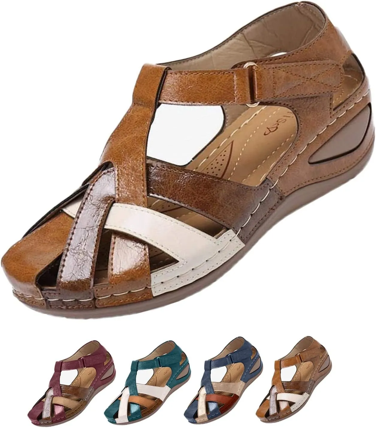 Women'S Ankle Strap Closed Toe Orthopedic Sandals Comfy Wedge Platform Beach Hook and Loop Gladiator Sandals Casual Bohemia Outdoor Hollow Sandals