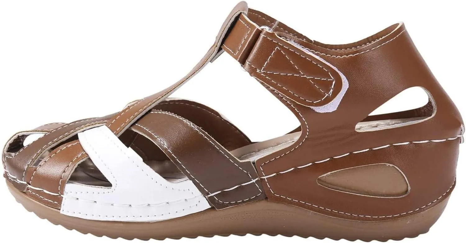 Women'S Ankle Strap Closed Toe Orthopedic Sandals Comfy Wedge Platform Beach Hook and Loop Gladiator Sandals Casual Bohemia Outdoor Hollow Sandals