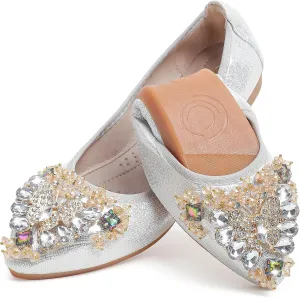 Women's Ballet Flat Shoes - Cute Rhinestones Bow Wedding Flats Slip on Flats for Women Comfort