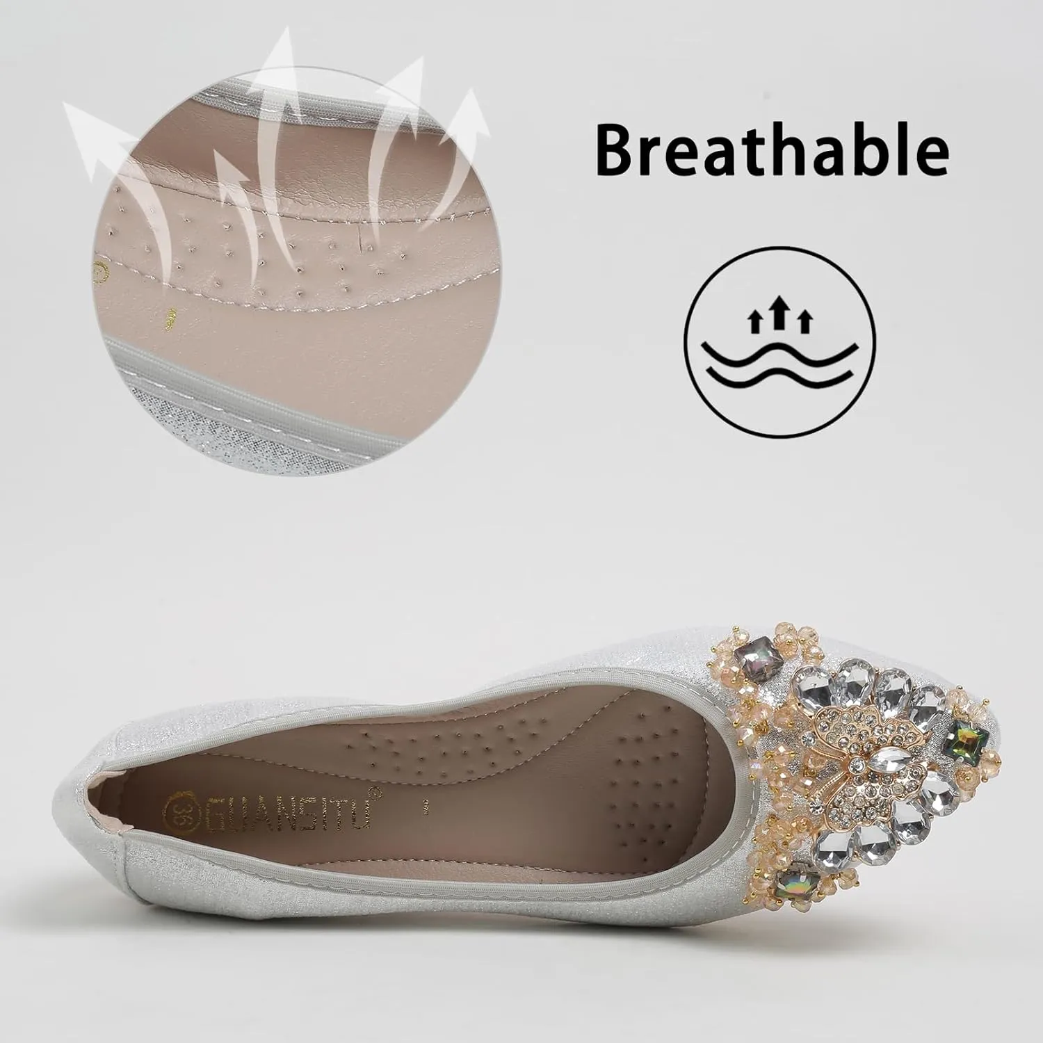 Women's Ballet Flat Shoes - Cute Rhinestones Bow Wedding Flats Slip on Flats for Women Comfort