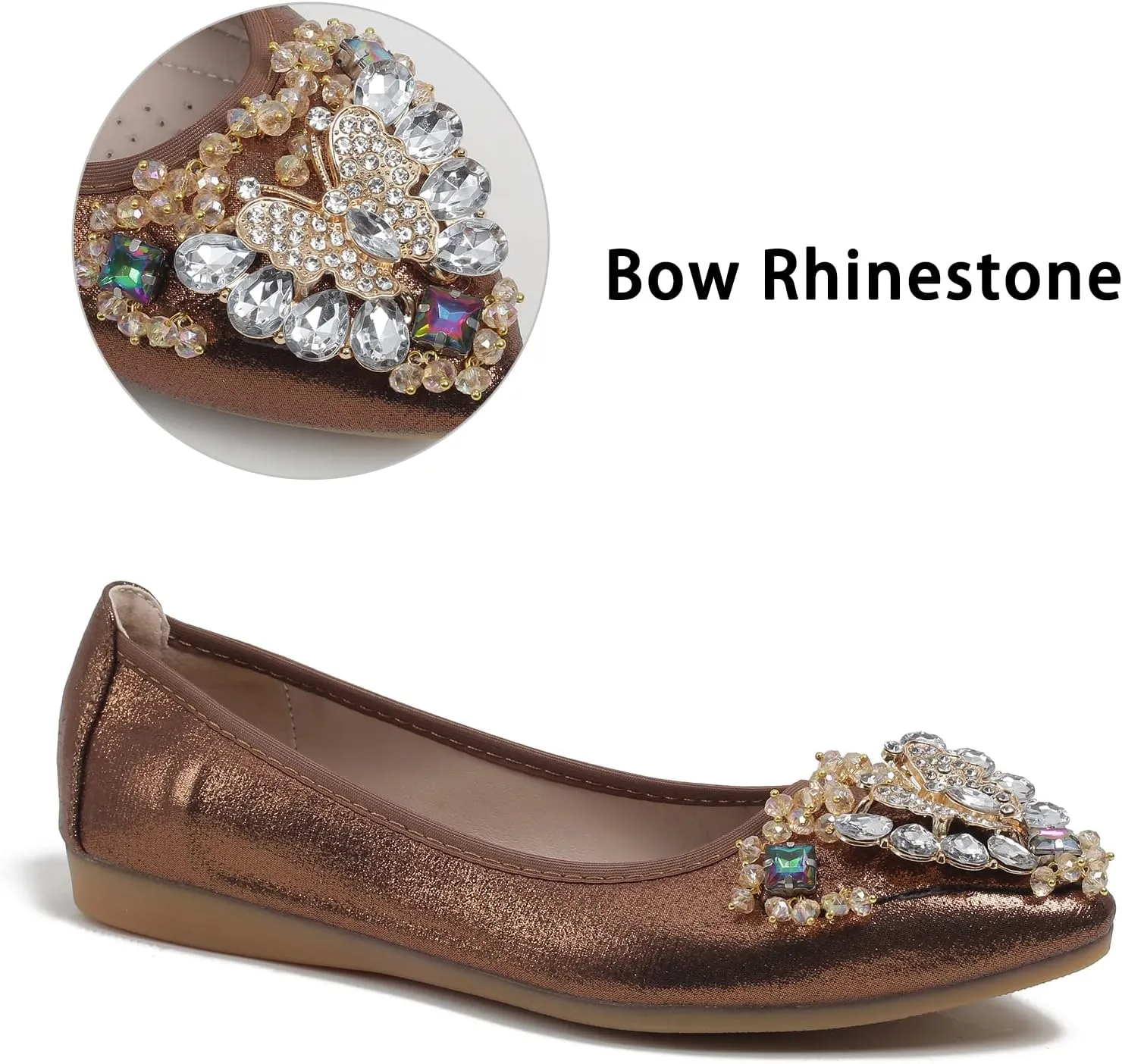 Women's Ballet Flat Shoes - Cute Rhinestones Bow Wedding Flats Slip on Flats for Women Comfort