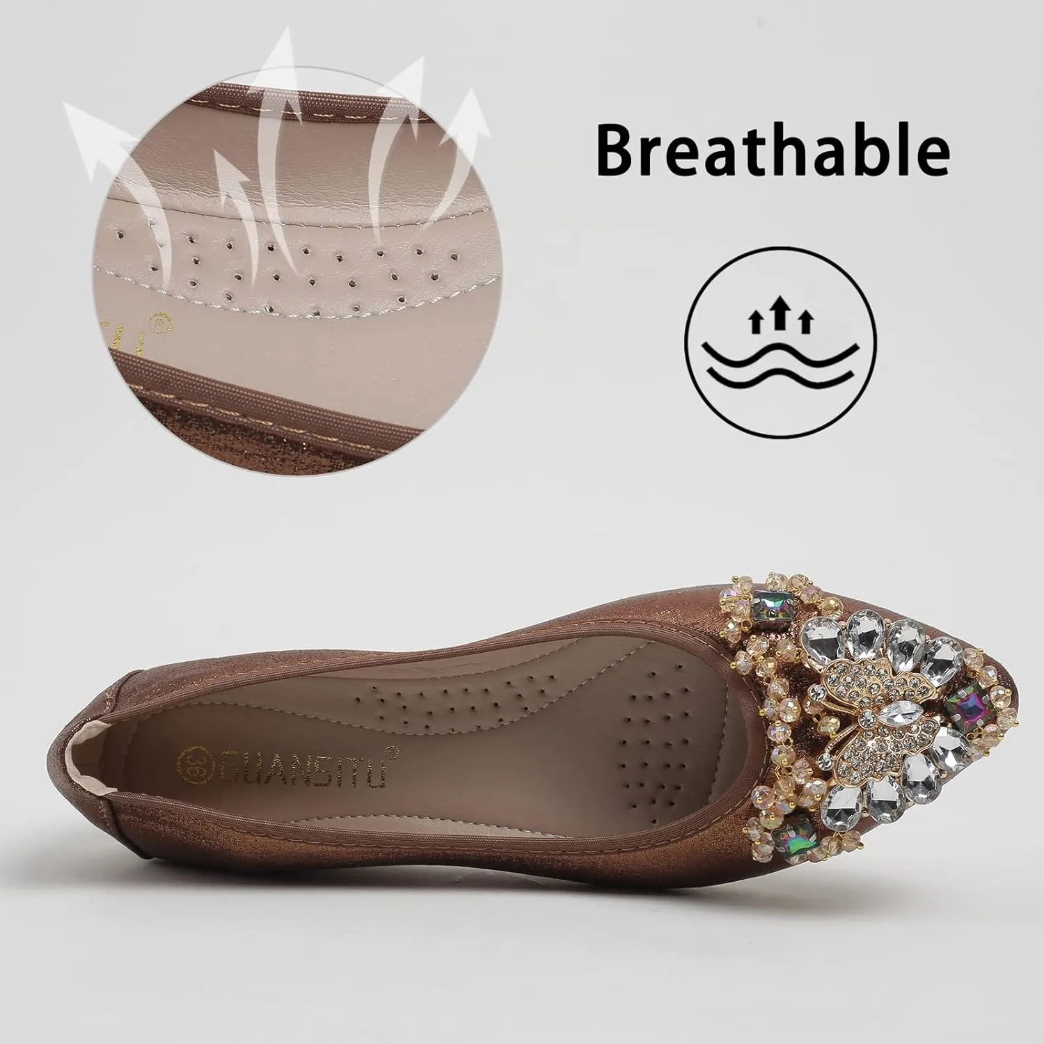 Women's Ballet Flat Shoes - Cute Rhinestones Bow Wedding Flats Slip on Flats for Women Comfort
