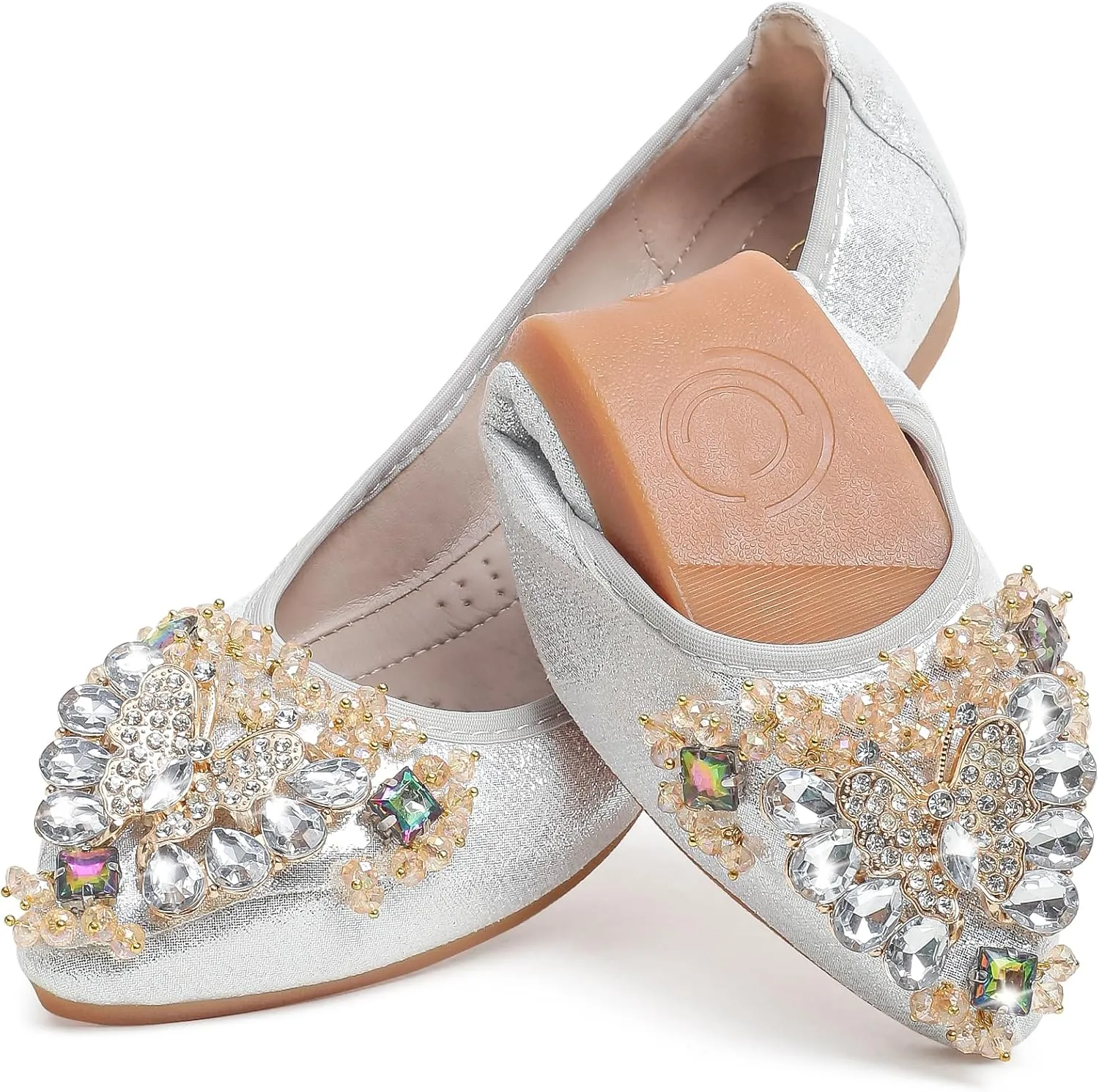 Women's Ballet Flat Shoes - Cute Rhinestones Bow Wedding Flats Slip on Flats for Women Comfort