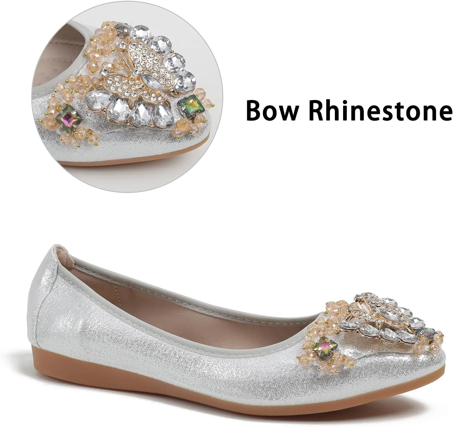 Women's Ballet Flat Shoes - Cute Rhinestones Bow Wedding Flats Slip on Flats for Women Comfort