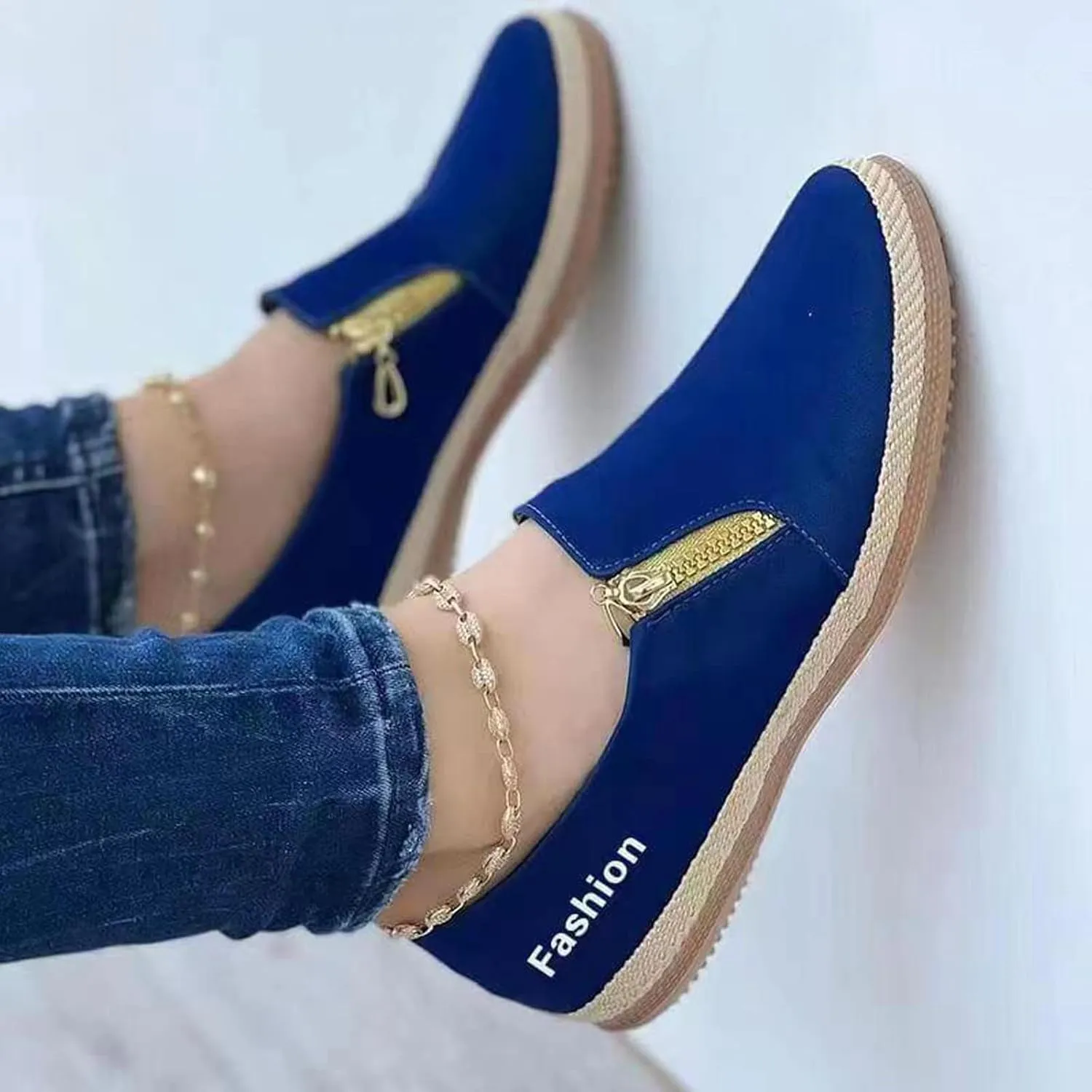 Womens Canvas Shoes Summer Fashion Casual Round Toe Closed Toe Zipper Platform Sole Hemp Rope Shoes Solid Color Lightweight Comfy Walking Shoes Loafers