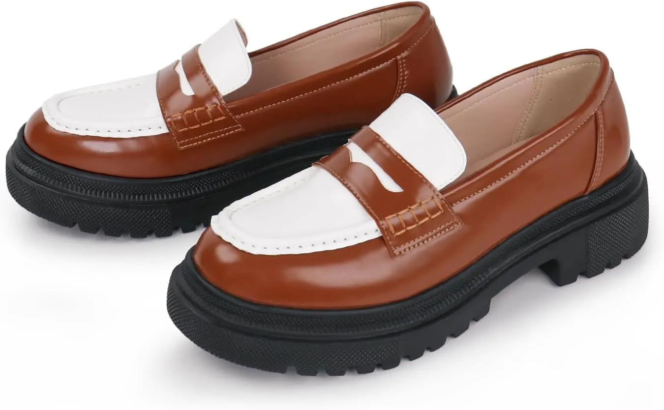 Women's Fashion Comfortable Platform Chunky Loafers & Slip On Casual Penny Loafers Round Toe Padded Business Dress Shoes