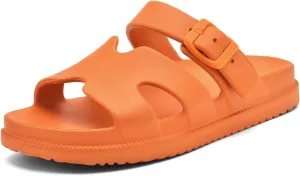 Women's Flat Sandals with Arch Support, Summer Beach Slides Adjustable Buckle, Comfort Lightweight Cushion Slip on H-Strap Sandal
