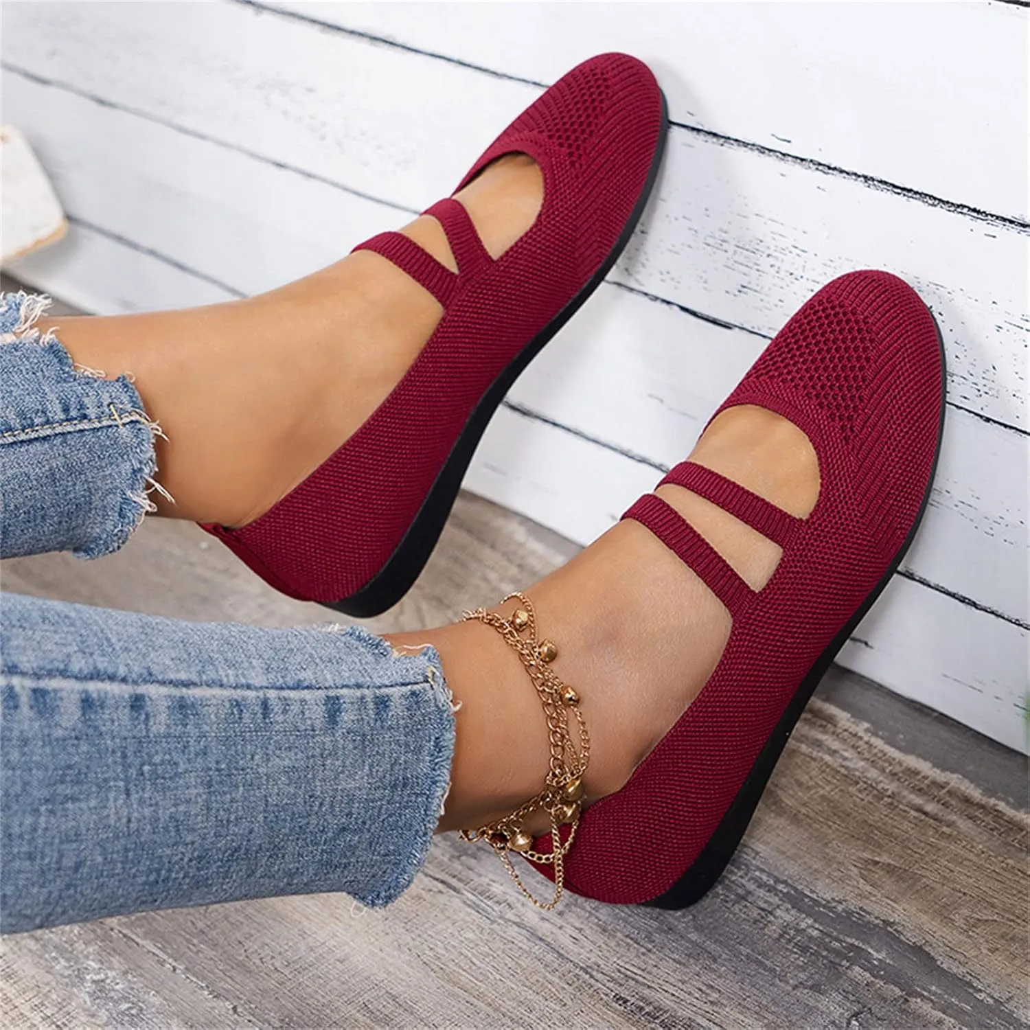 Womens Flat Shoes Knit Ballet Shoes Round Toe Slip on Loafer Casual Business Shoe Comfort Soft Office Flats