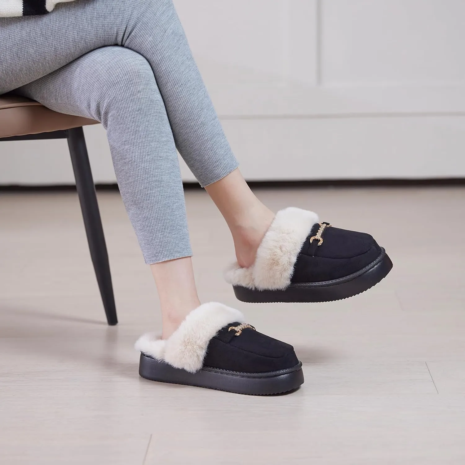 Womens Fuzzy Memory Foam Slippers for Women Winter House Slippers Warm Comfy Shoes Indoor Outdoor Suede Platform with Anti-Skid Sole Gift for Women Mom Ladies