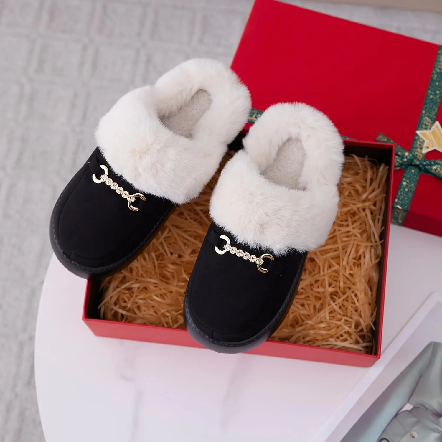 Womens Fuzzy Memory Foam Slippers for Women Winter House Slippers Warm Comfy Shoes Indoor Outdoor Suede Platform with Anti-Skid Sole Gift for Women Mom Ladies