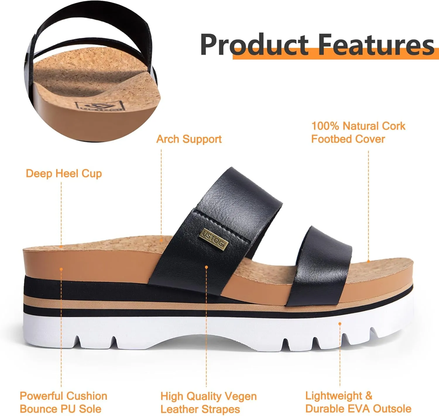 Women's Higher Platform Sandals Arch Support Beach Slides for Woman Orthotic Summer Causal Cork Footbed Slip on Cushion Cute 2 Strap Flatform 2.2IN sandalias de mujer