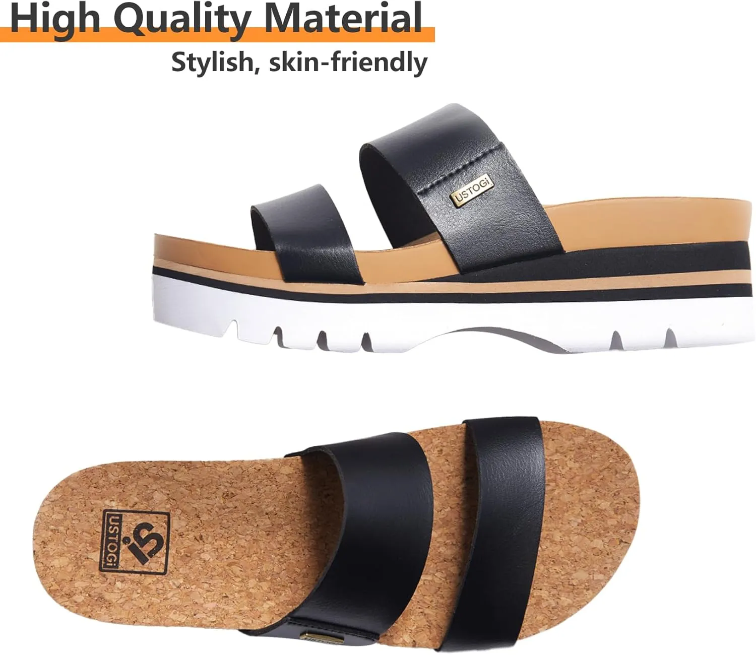 Women's Higher Platform Sandals Arch Support Beach Slides for Woman Orthotic Summer Causal Cork Footbed Slip on Cushion Cute 2 Strap Flatform 2.2IN sandalias de mujer