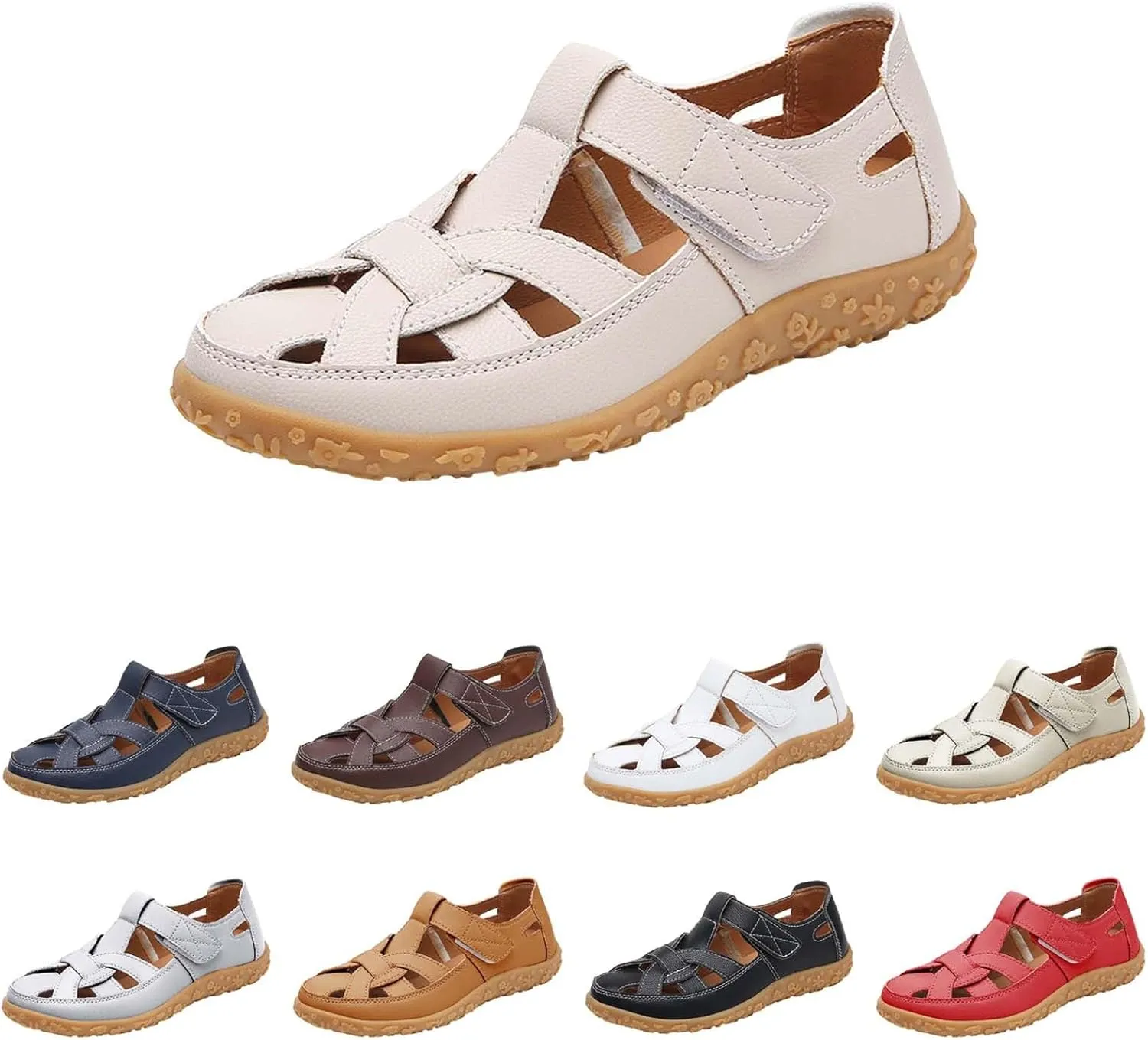 Women's Hollow Casual Shoes Leather Soft Bottom Sandals Comfortable Lightweight Non Slip Breathable Orthopedic Beach Shoes Closed Toe Summer Sneakers