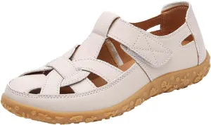 Women's Hollow Casual Shoes Leather Soft Bottom Sandals Comfortable Lightweight Non Slip Breathable Orthopedic Beach Shoes Closed Toe Summer Sneakers