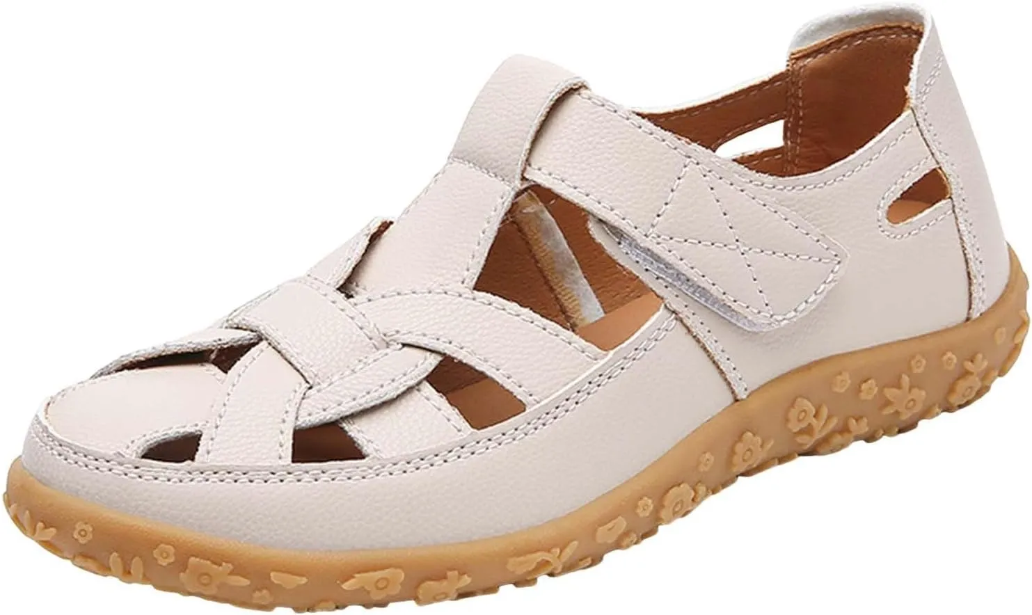 Women's Hollow Casual Shoes Leather Soft Bottom Sandals Comfortable Lightweight Non Slip Breathable Orthopedic Beach Shoes Closed Toe Summer Sneakers