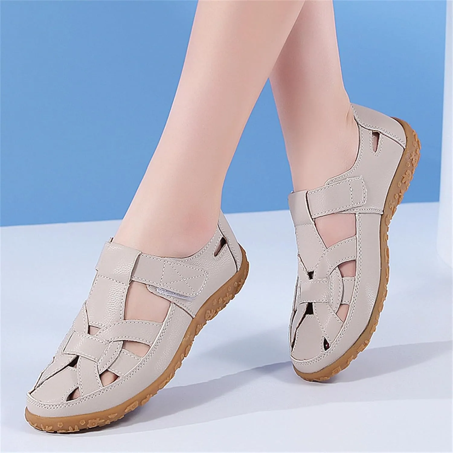 Women's Hollow Casual Shoes Leather Soft Bottom Sandals Comfortable Lightweight Non Slip Breathable Orthopedic Beach Shoes Closed Toe Summer Sneakers