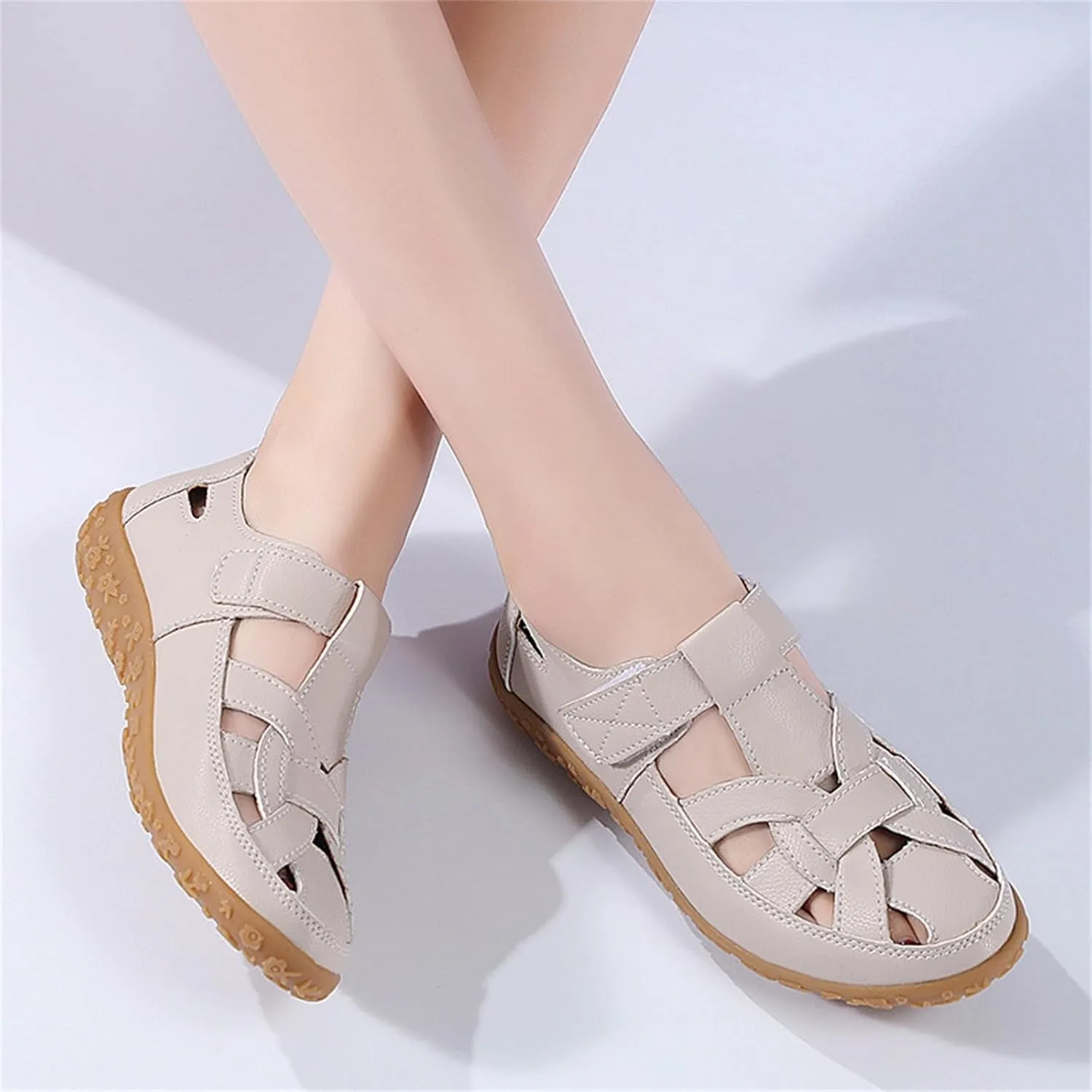 Women's Hollow Casual Shoes Leather Soft Bottom Sandals Comfortable Lightweight Non Slip Breathable Orthopedic Beach Shoes Closed Toe Summer Sneakers