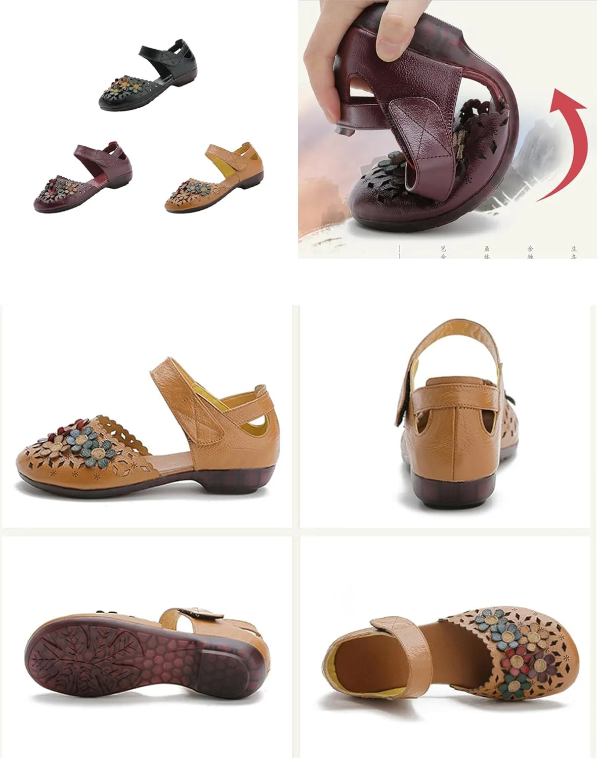 Women's Leather Closed Toe Sandals,Vintage Handmade Sunflower Cut-Out Comfy Softsole Adjustable Casual Dress Sandal