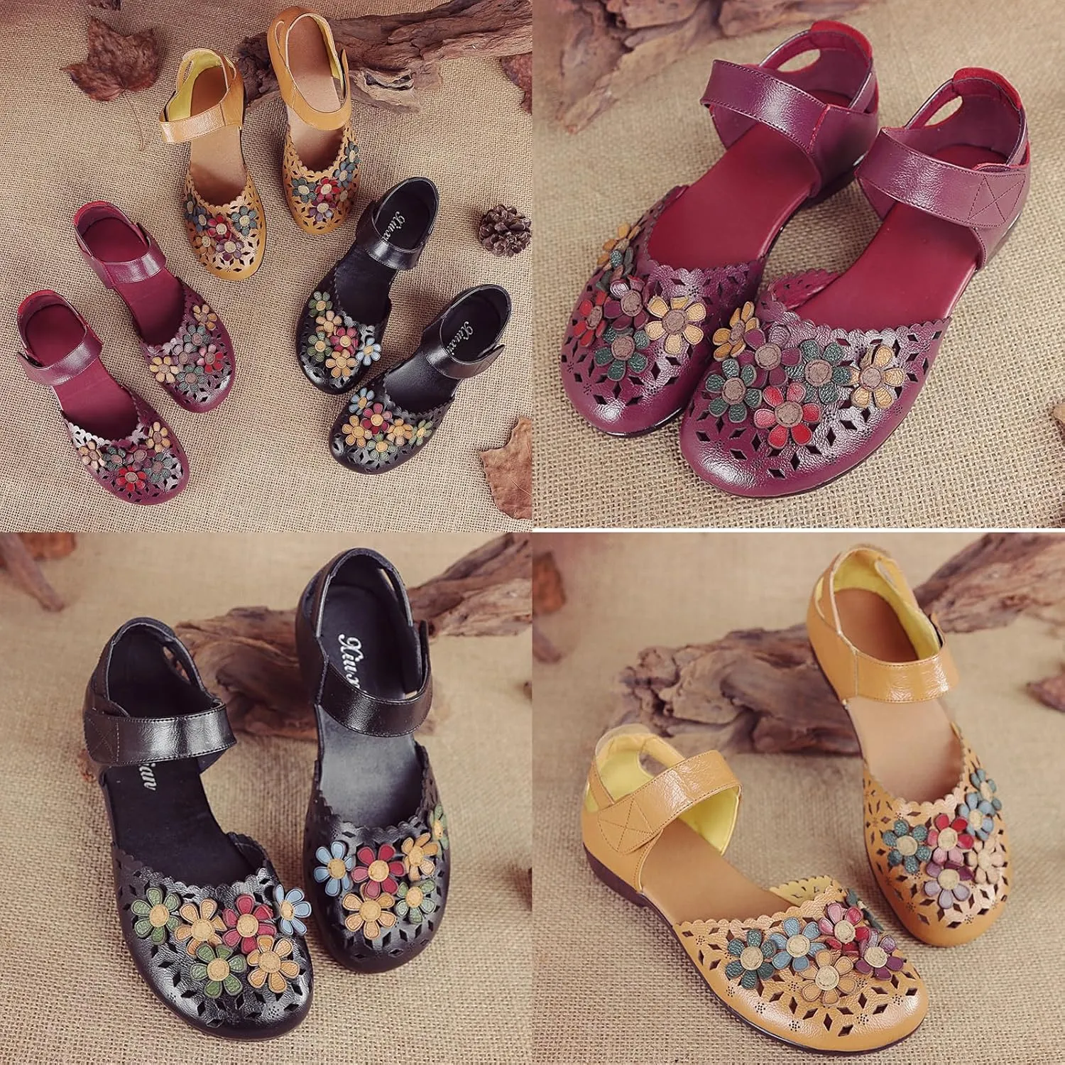 Women's Leather Closed Toe Sandals,Vintage Handmade Sunflower Cut-Out Comfy Softsole Adjustable Casual Dress Sandal