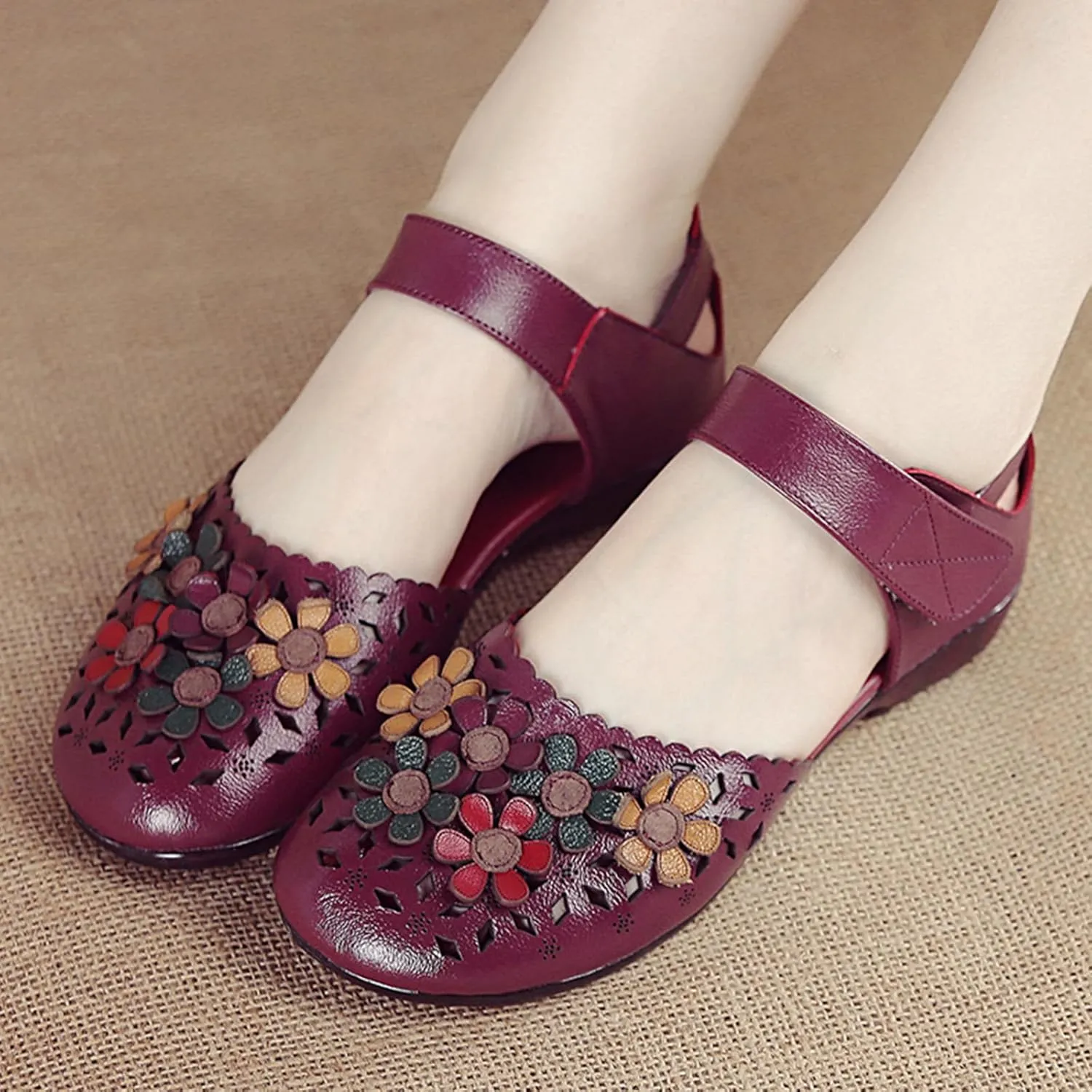 Women's Leather Closed Toe Sandals,Vintage Handmade Sunflower Cut-Out Comfy Softsole Adjustable Casual Dress Sandal