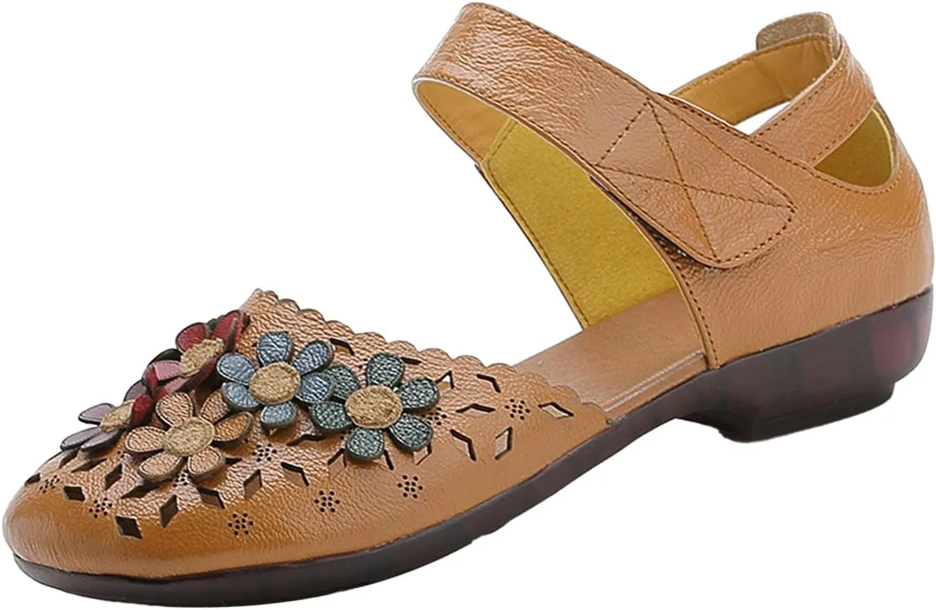 Women's Leather Closed Toe Sandals,Vintage Handmade Sunflower Cut-Out Comfy Softsole Adjustable Casual Dress Sandal