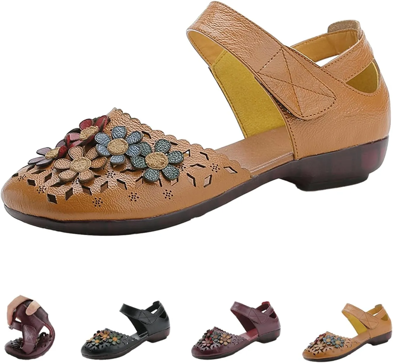 Women's Leather Closed Toe Sandals,Vintage Handmade Sunflower Cut-Out Comfy Softsole Adjustable Casual Dress Sandal