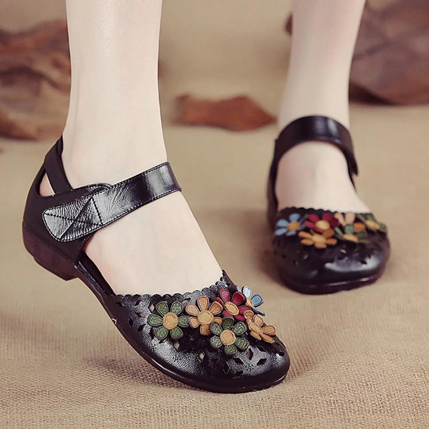 Women's Leather Closed Toe Sandals,Vintage Handmade Sunflower Cut-Out Comfy Softsole Adjustable Casual Dress Sandal