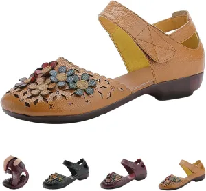 Women's Leather Closed Toe Sandals,Vintage Handmade Sunflower Cut-Out Comfy Softsole Adjustable Casual Dress Sandal