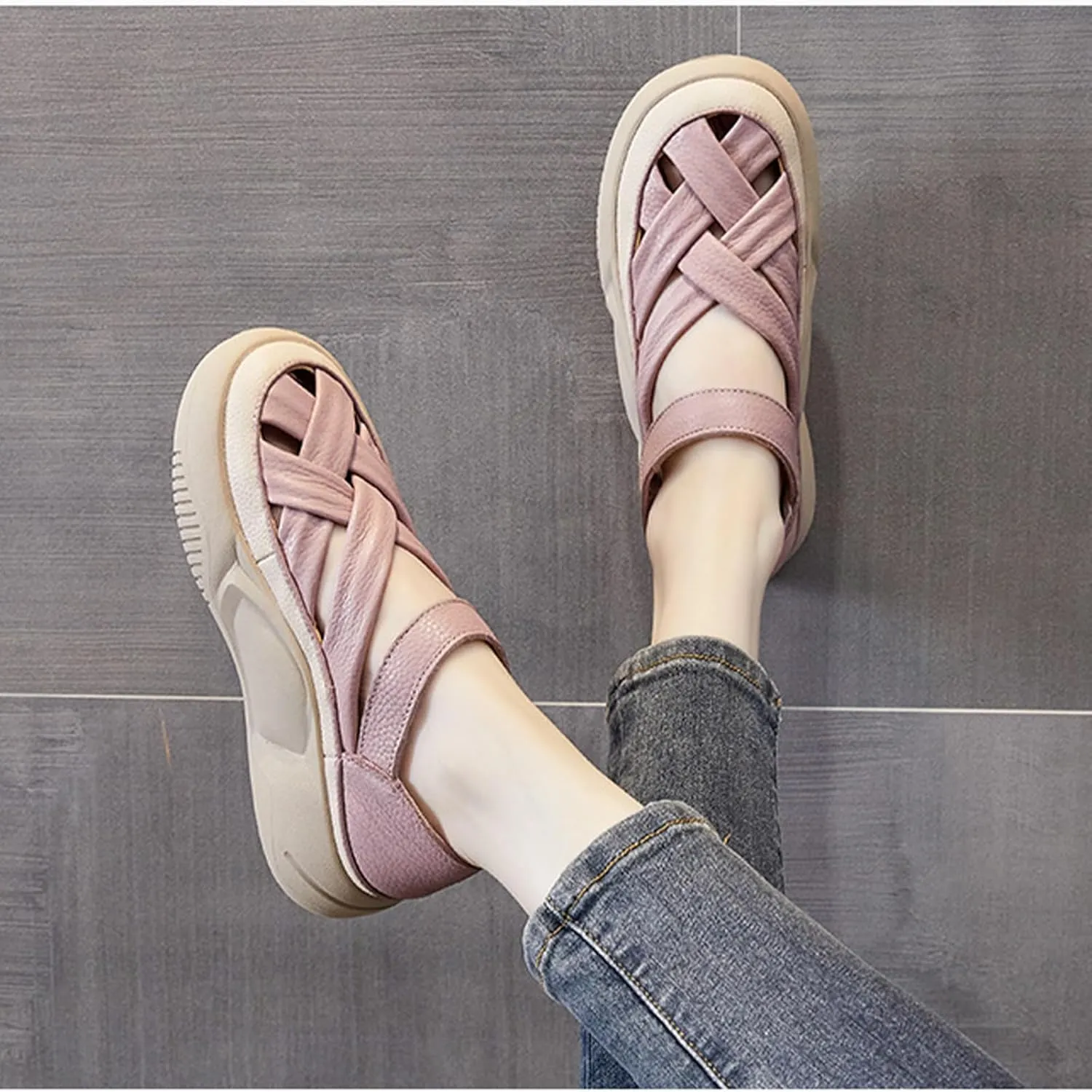 Womens Leather Platform Lncrease Height Sneakers Hollow Adjust Hook Loop Ankle Strap Closed Toe Chunky Wedges for Summer Casual Work Walking Camping Sandals