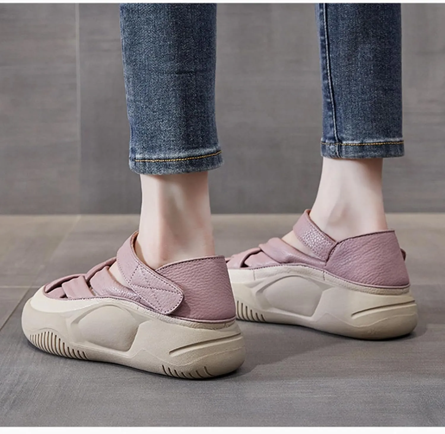 Womens Leather Platform Lncrease Height Sneakers Hollow Adjust Hook Loop Ankle Strap Closed Toe Chunky Wedges for Summer Casual Work Walking Camping Sandals