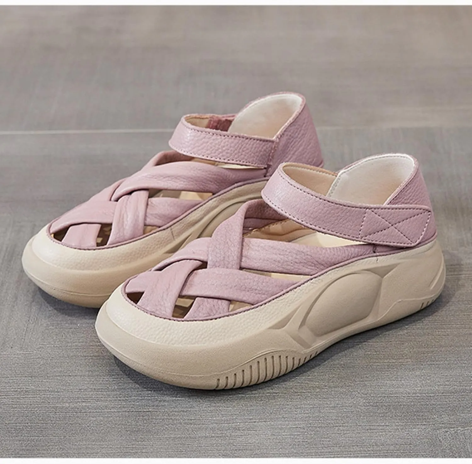 Womens Leather Platform Lncrease Height Sneakers Hollow Adjust Hook Loop Ankle Strap Closed Toe Chunky Wedges for Summer Casual Work Walking Camping Sandals