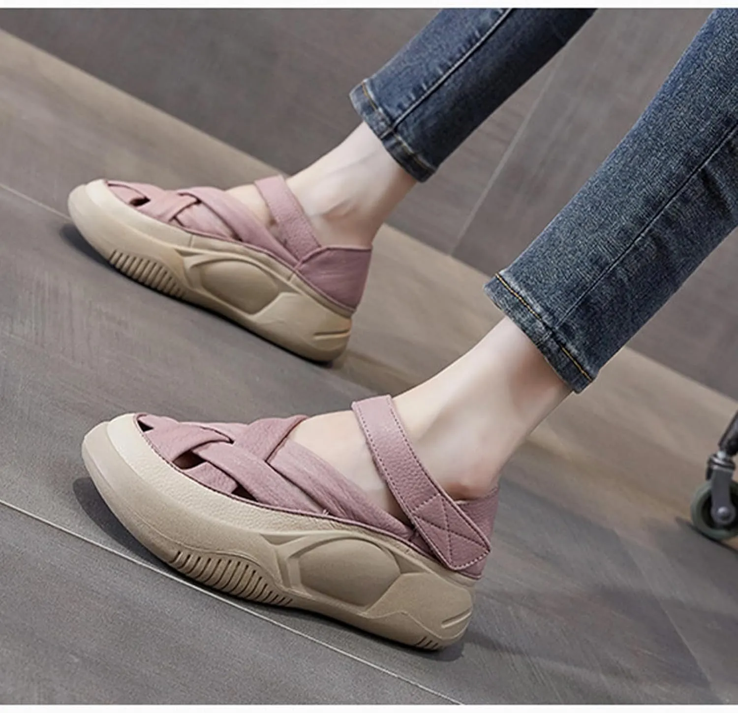 Womens Leather Platform Lncrease Height Sneakers Hollow Adjust Hook Loop Ankle Strap Closed Toe Chunky Wedges for Summer Casual Work Walking Camping Sandals