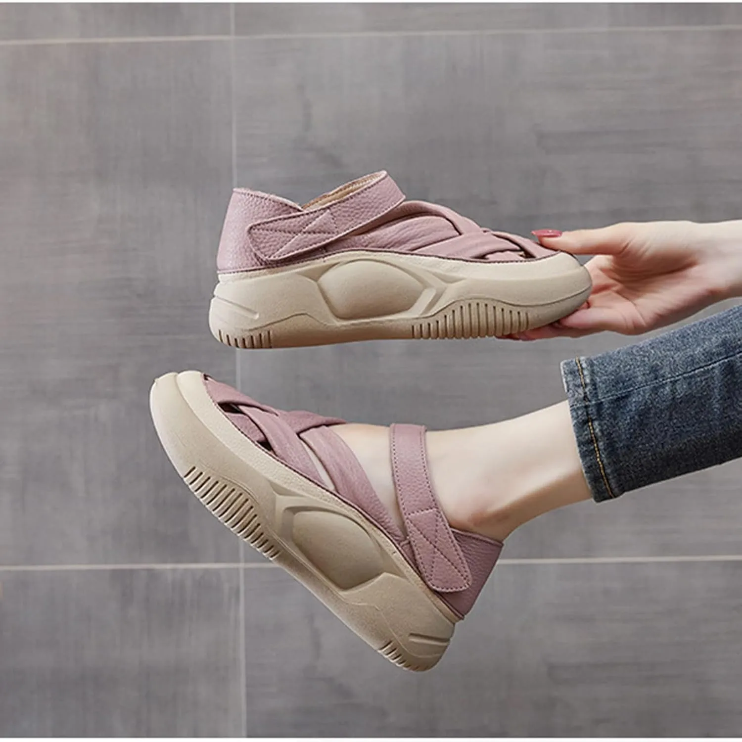 Womens Leather Platform Lncrease Height Sneakers Hollow Adjust Hook Loop Ankle Strap Closed Toe Chunky Wedges for Summer Casual Work Walking Camping Sandals