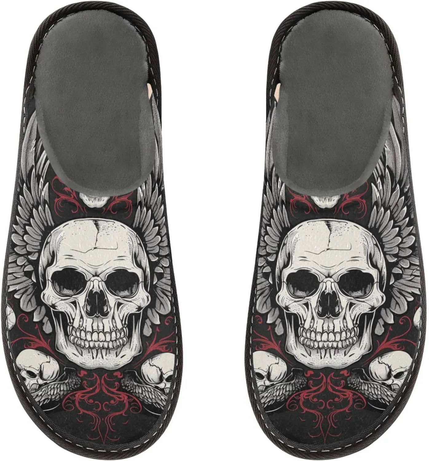 Women's Mens Cosy Slippers, Gothic Design Skulls with Wings Casual Unisex Slip-On Breathable Memory Foam Scuff Lazy House Shoes for Indoor/Outdoor Size 4-11