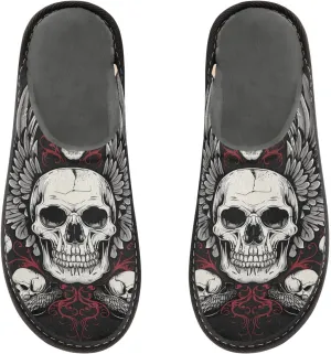 Women's Mens Cosy Slippers, Gothic Design Skulls with Wings Casual Unisex Slip-On Breathable Memory Foam Scuff Lazy House Shoes for Indoor/Outdoor Size 4-11