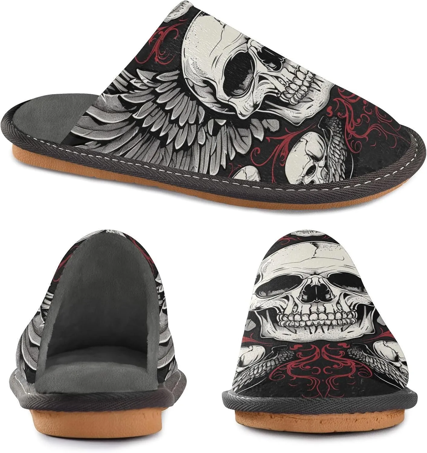Women's Mens Cosy Slippers, Gothic Design Skulls with Wings Casual Unisex Slip-On Breathable Memory Foam Scuff Lazy House Shoes for Indoor/Outdoor Size 4-11