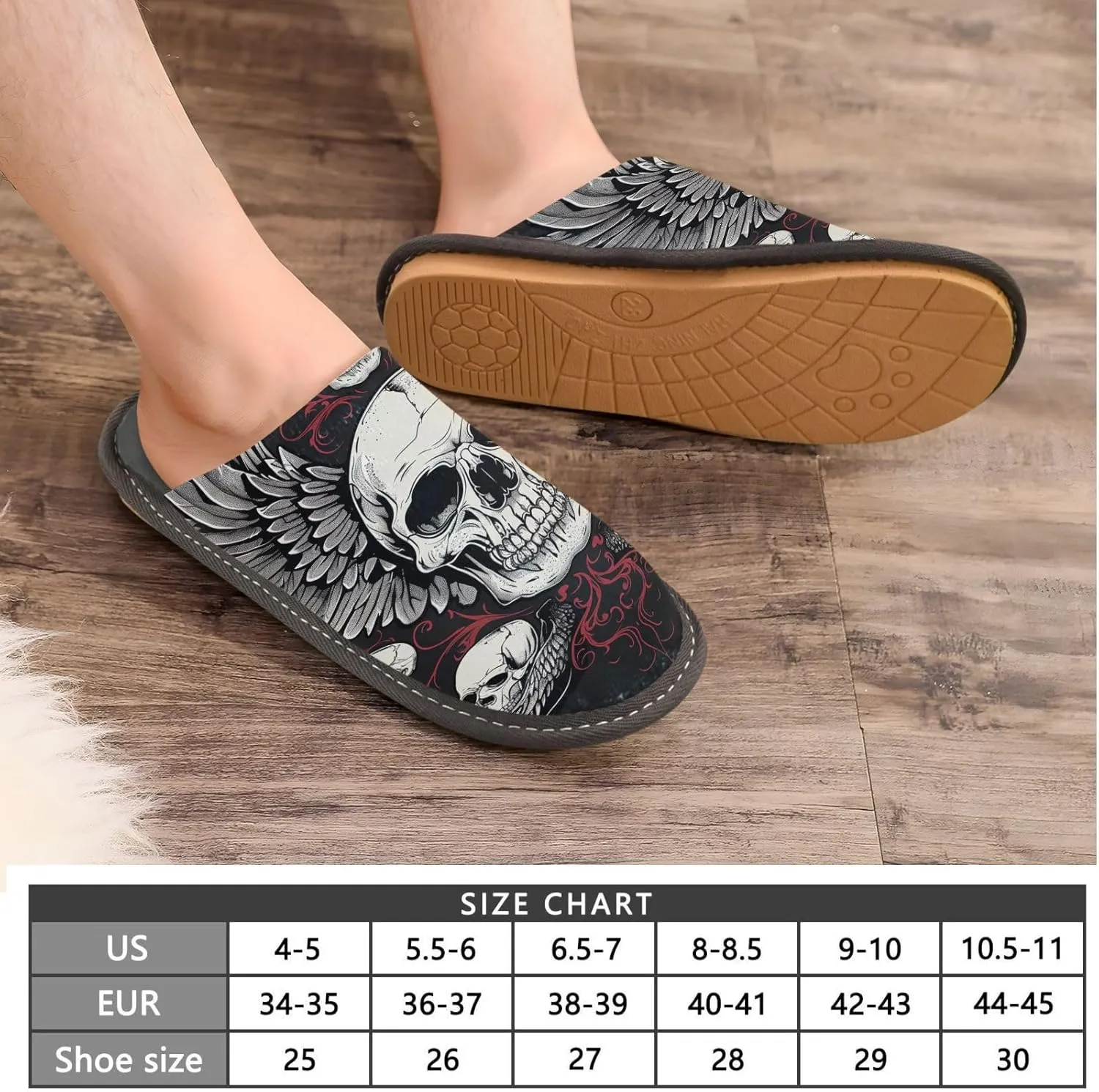 Women's Mens Cosy Slippers, Gothic Design Skulls with Wings Casual Unisex Slip-On Breathable Memory Foam Scuff Lazy House Shoes for Indoor/Outdoor Size 4-11