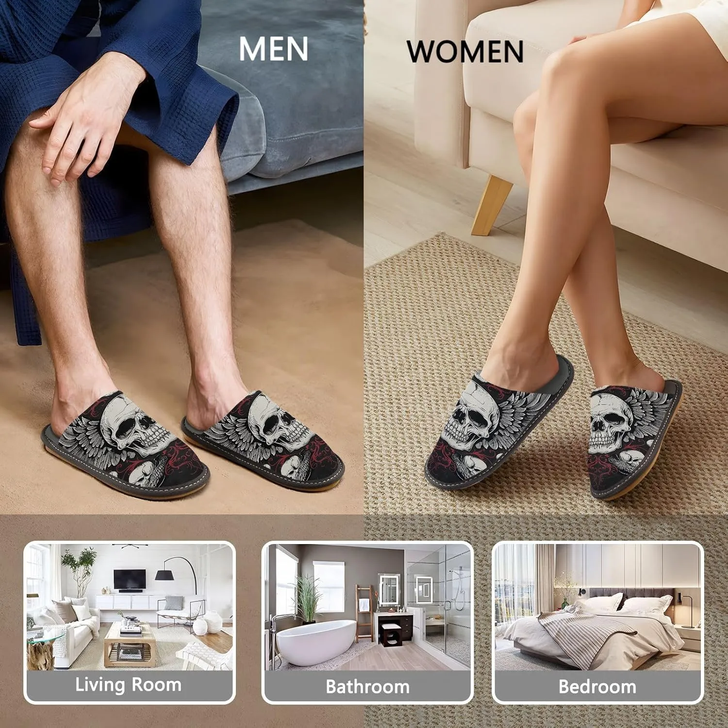 Women's Mens Cosy Slippers, Gothic Design Skulls with Wings Casual Unisex Slip-On Breathable Memory Foam Scuff Lazy House Shoes for Indoor/Outdoor Size 4-11