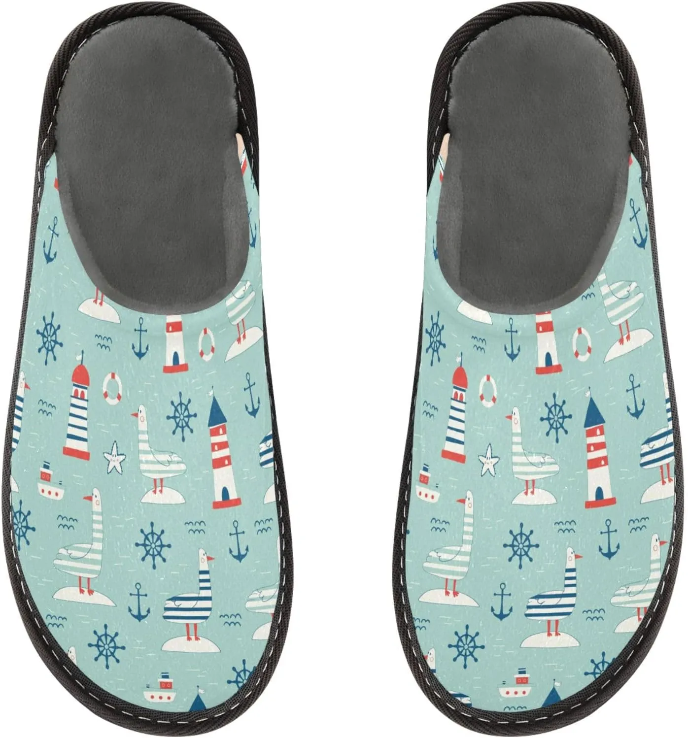 Women's Mens Cosy Slippers, Nautical Lighthouse Gulls Anchors Green Unisex Casual Slip-On Breathable Memory Foam Scuff Lazy House Shoes for Indoor/Outdoor Size 4-11