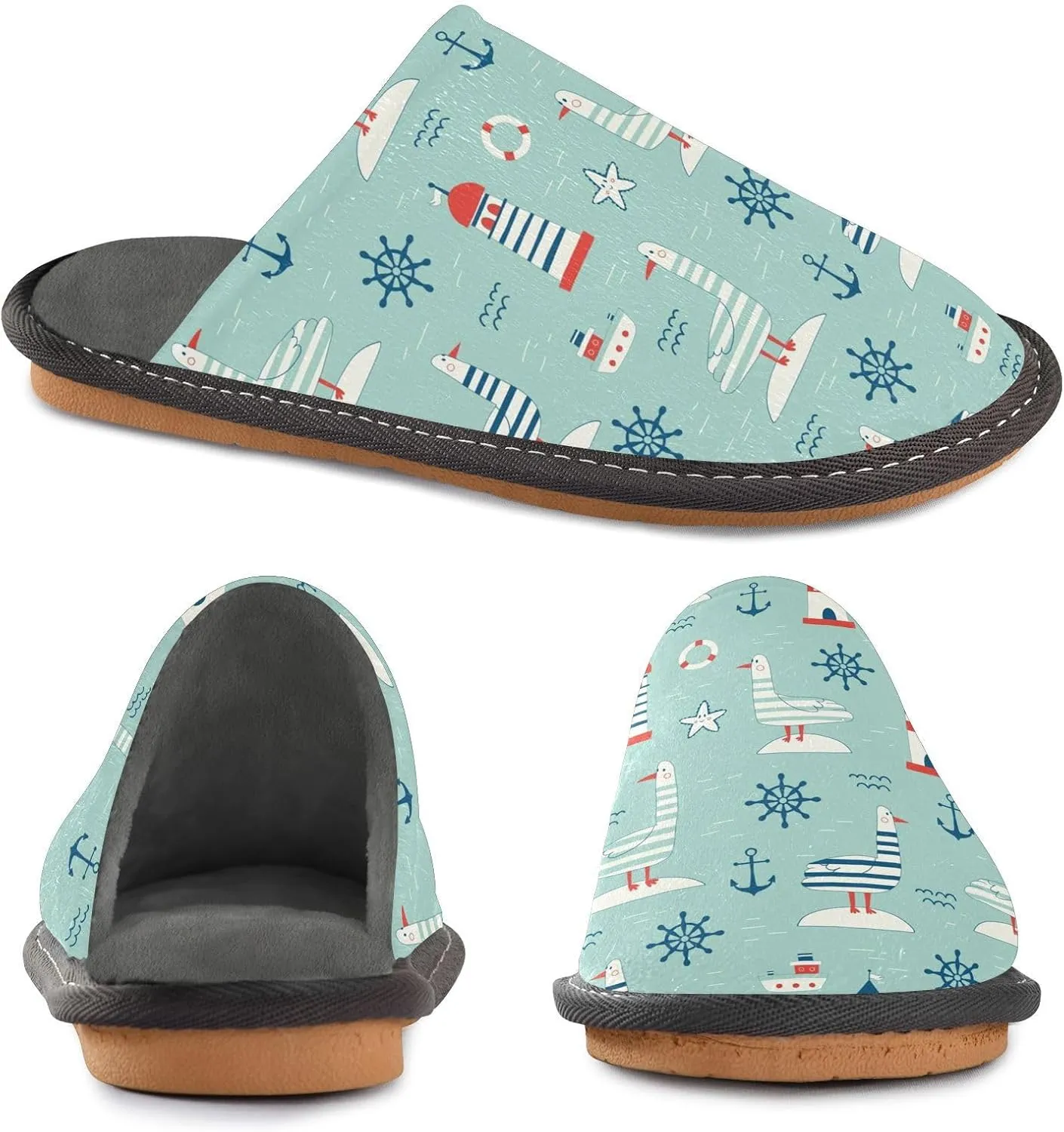 Women's Mens Cosy Slippers, Nautical Lighthouse Gulls Anchors Green Unisex Casual Slip-On Breathable Memory Foam Scuff Lazy House Shoes for Indoor/Outdoor Size 4-11